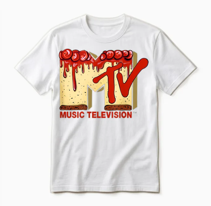 Original Mtv Logo with a Tasty Cherry Pie Cake Unisex T-Shirt in White
