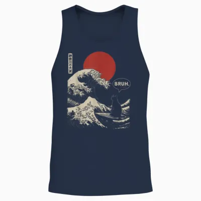 Bruh. the Great Wave Kanagawa Funny Japanese Surfing Cat Unisex Tank Top - Navy