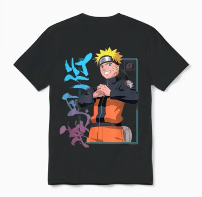 Naruto Shippuden Naruto Kanji Frame Colorful Anime Unisex T-Shirt - Black