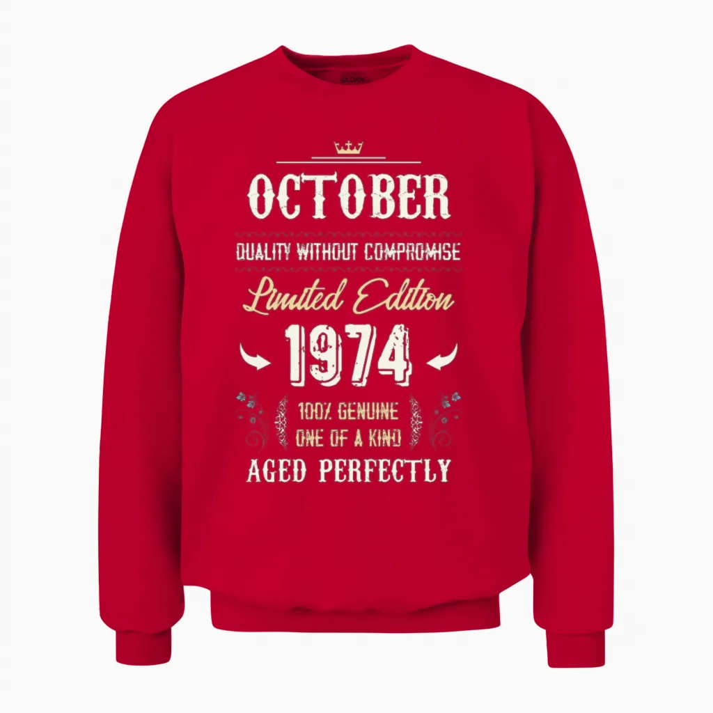 October 1974 Vintage Birthday Present Unisex Sweatshirt in Red