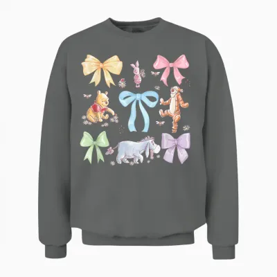 Disney Winnie the Pooh Cute Group Shot Sketch Chest Logo Unisex Sweatshirt - Graphite Heather