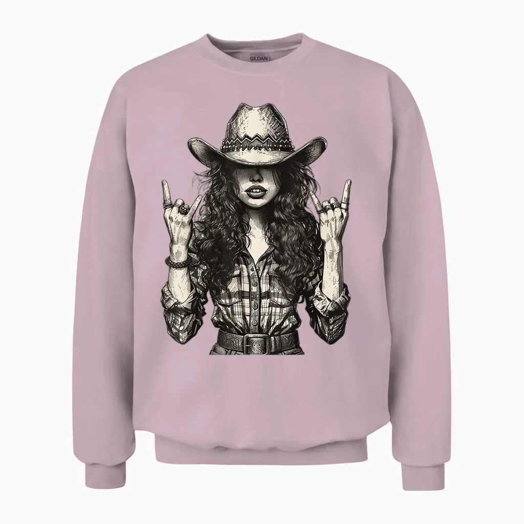 Cowgirl Plaid Shirt Western Cowboy Texas Women Sassy Country T-Shirt, Black, S Unisex Sweatshirt in Light Pink
