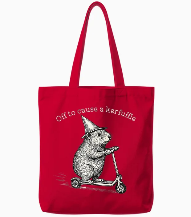 Whimsical Capy Wizard off to Cause a Kerfuffle Meme Capybara Tote Bags in Red