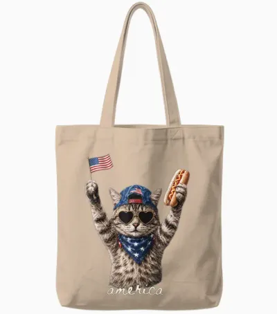 Retro Funny America Cat Hot Dog Lovers Patriotic Us Tote Bags - Natural