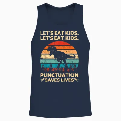 Let's Eat Kids Punctuation Saves Lives Funny Grammar Dino Unisex Tank Top - Navy