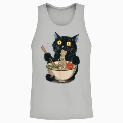 Funny Japanese Cat Eating Ramen Vintage Japanese Noodles Unisex Tank Top - Ash