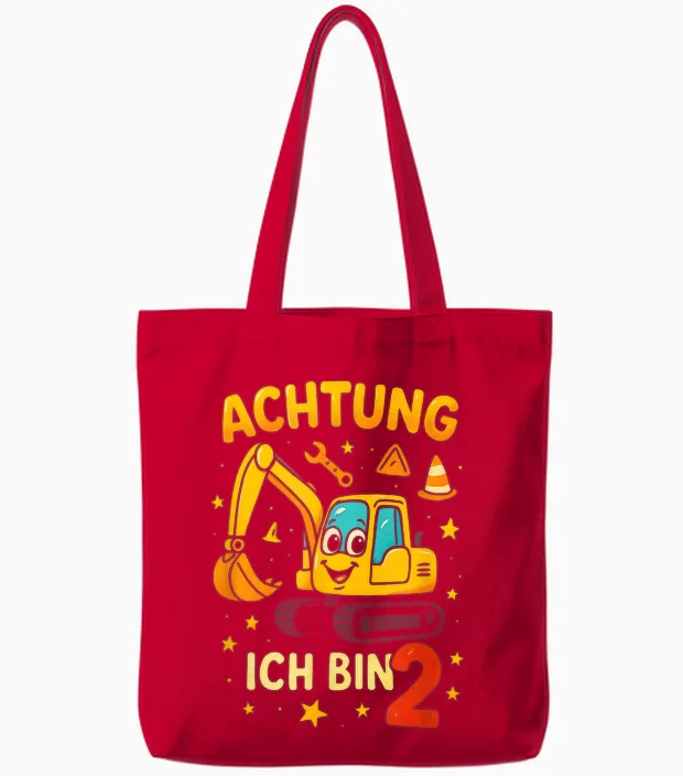 T-Shirt with German Text "excavator Birthday Achtung Ich Bin 2 Tote Bags in Red