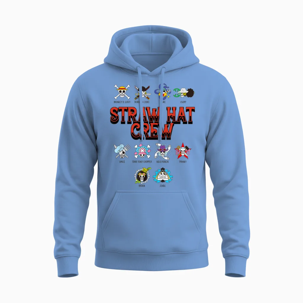 One Piece Anime Straw Hat Crew Jolly Roger Logos Unisex Hoodie in Carolina Blue