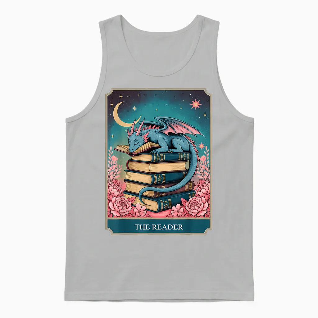 Tarot the Reader Mystic Book Dragon Moonlit Fantasy Art Unisex Tank Top in Ash