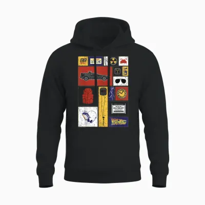 Back to the Future 35th Anniversary Icon Panels T-Shirt, Black, S Unisex Hoodie - Black