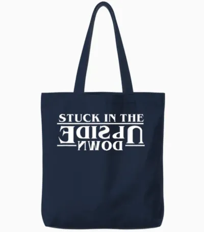 Stranger Things Stuck in the Upside Down White Letter Logo Tote Bags - Navy