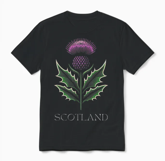 Scottish Thistle Flower, Celtic Symbol, Plaid Pattern Unisex T-Shirt in Black