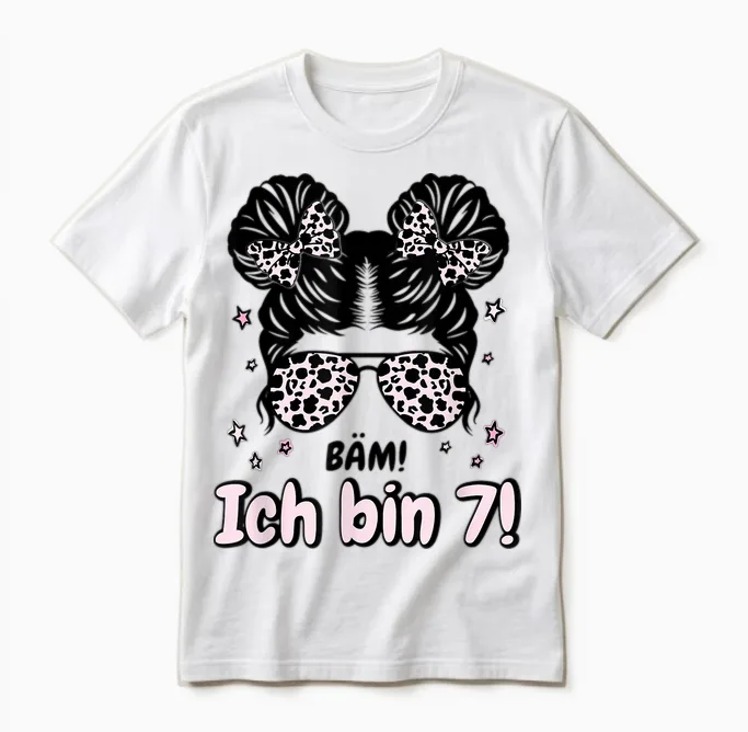 Kids 7th Birthday Girl Messy Bun Bäm! I Am Seven Unisex T-Shirt in White