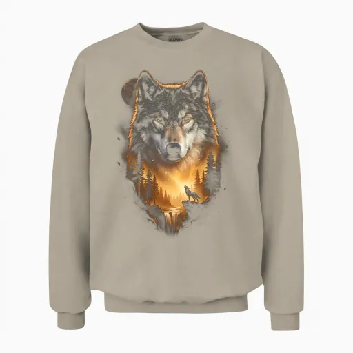 Motif De Loup Hurlant à La Lune Fantasy Art Forest Graphic Manche Longue Unisex Sweatshirt in Sand