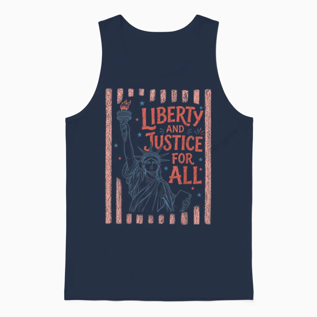 Retro Funny 4th of July with Liberty and Justice for All Unisex Tank Top in Navy