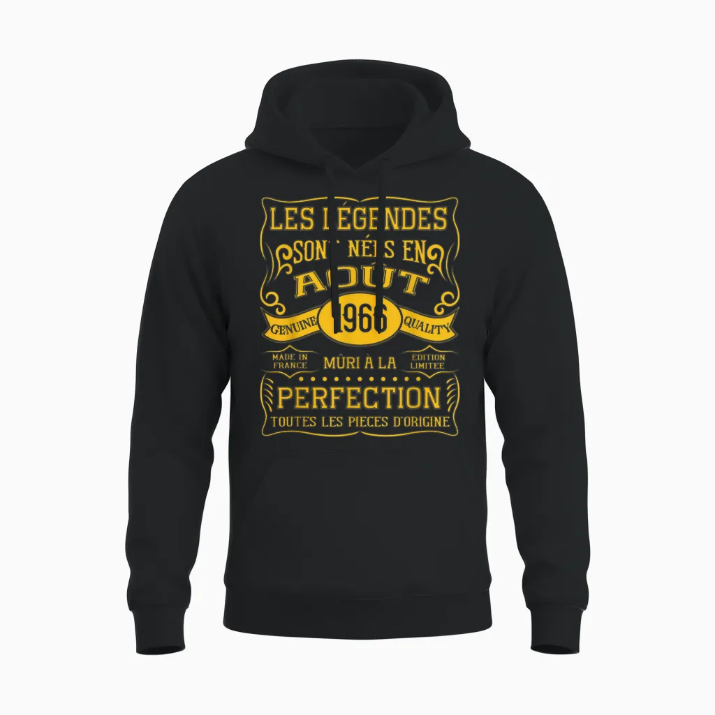 Legends Are Born in August 1966 59th Birthday Unisex Hoodie in Black