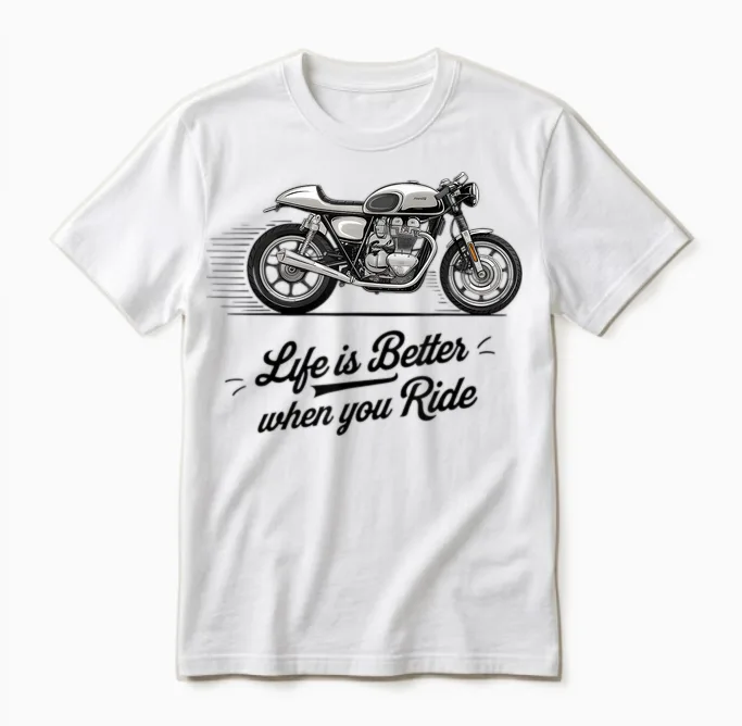 Life Is Better on a Classic Motorcycle, a Bicycle Cafe Racer Retro Unisex T-Shirt in White