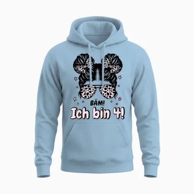 Kinder 4. Geburtstag Mädchen Messy Bun Bäm! Ich Bin Vier Unisex Hoodie - Light Blue
