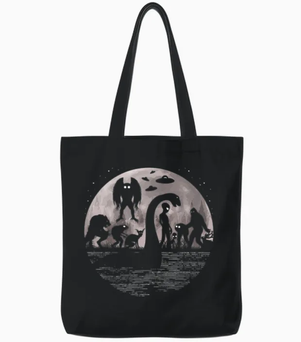 Bigfoot Loch Ness Monster Mothman and Aliens! Funny Cryptid Tote Bags in Black