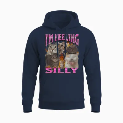 I'm Feeling Silly Funny Cat Meme Bootleg Graphic T-Shirt, Black, S Unisex Hoodie - Navy