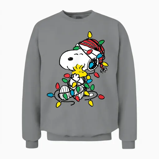 Peanuts - Snoopy Woodstock Christmas Lights Unisex Sweatshirt in Sport Grey