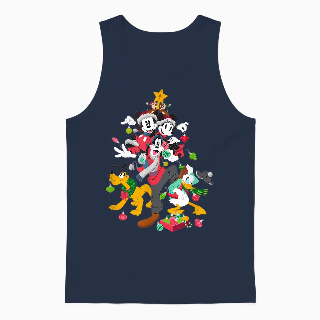Disney Mickey Minnie Goofy Pluto Chip Dale Christmas Tree Unisex Tank Top in Navy