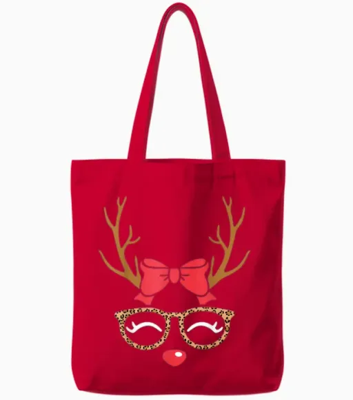 Reindeer Face Bow Leopard Glasses Christmas Womens Girls Tote Bags in Red
