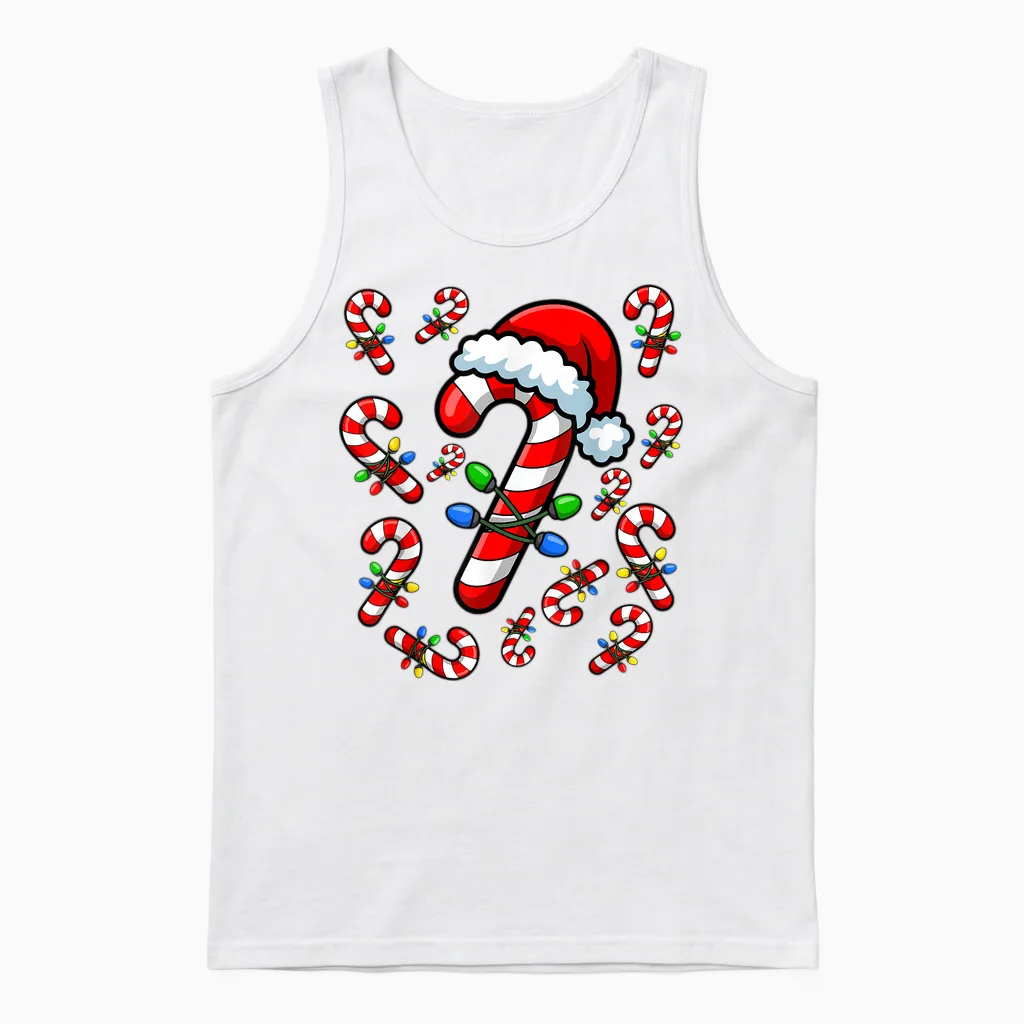 Red and White Candy Cane Santa Christmas Xmas Lights Unisex Tank Top in White