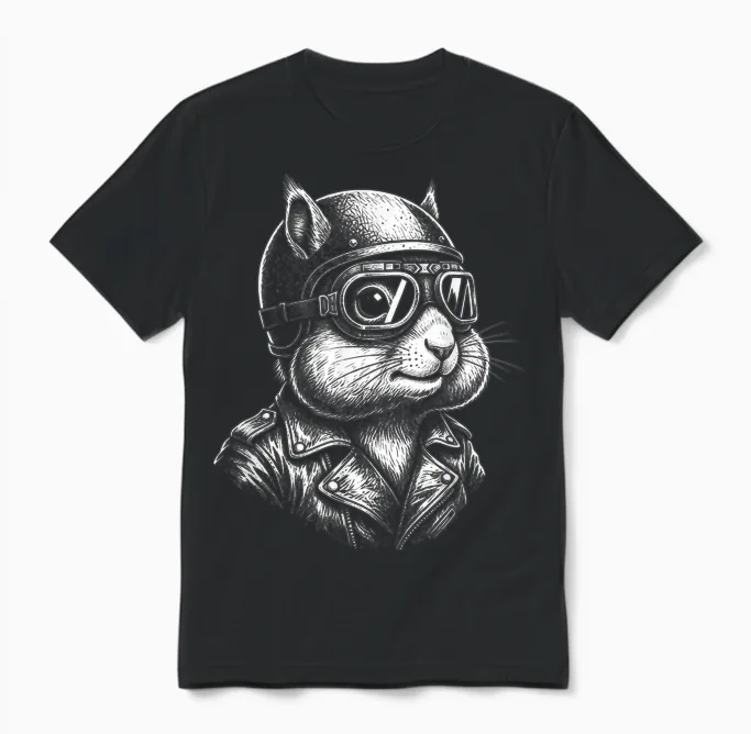 Animal Retro Biker écureuil Moto Rider Unisex T-Shirt in Black