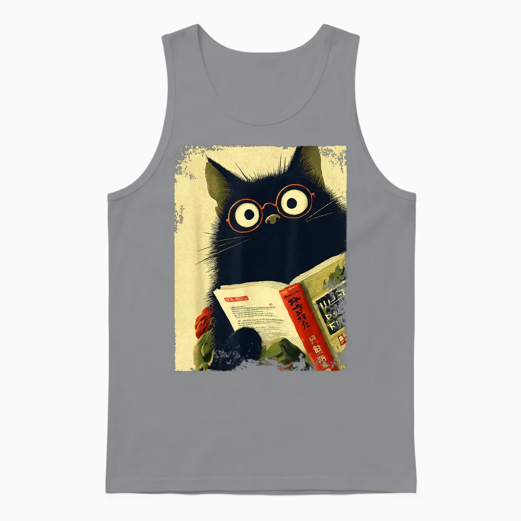 Vintage Japanese Cat for Book Lover Librarian Cat Daddy Teacher Unisex Tank Top in Sport Grey