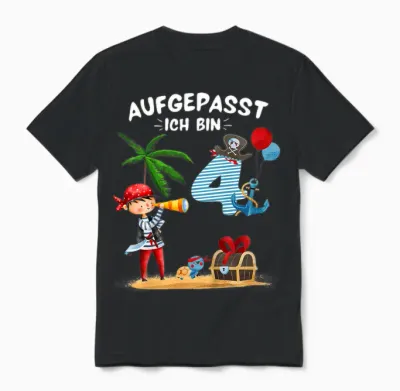 Kinder Geburtstag Pirat Junge Aufgepasst 4 Jahre Piraten Party Unisex T-Shirt - Black