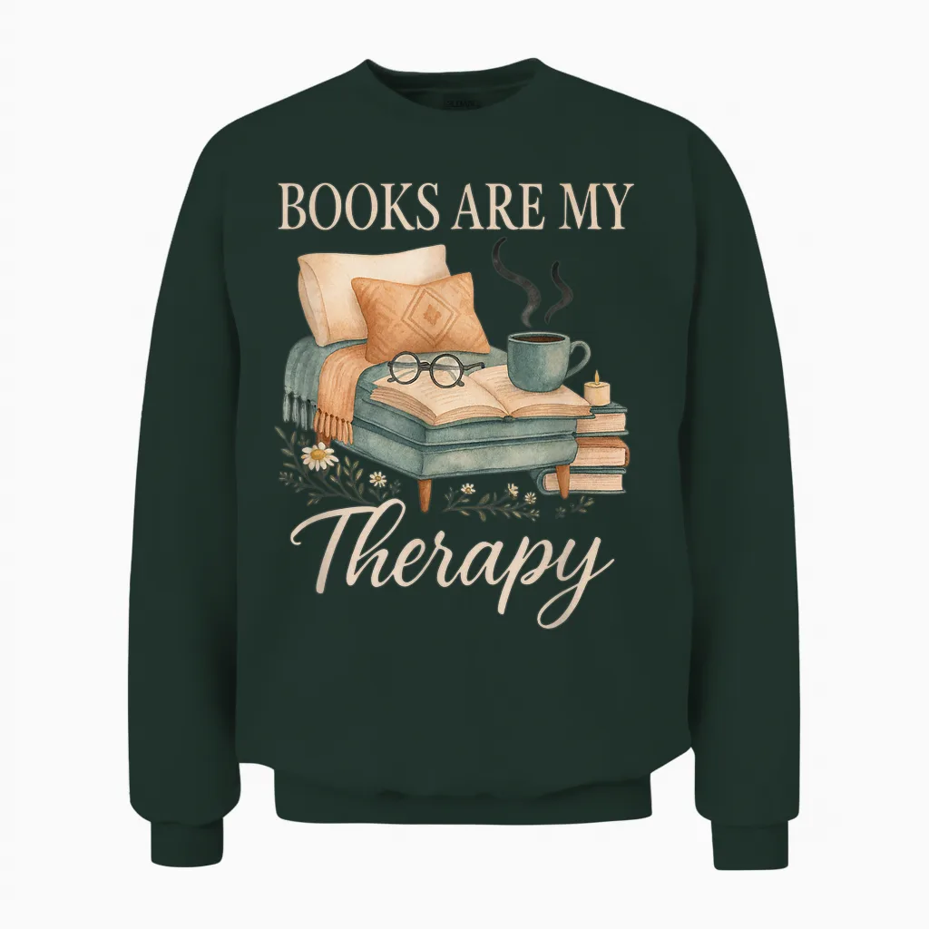Books Are My Therapy Cozy Reading Nook Aesthetic Unisex Sweatshirt in Forest