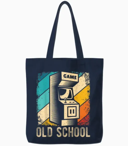 Game Old School Retro Arcade Game Gaming Gamer T-Shirt, Black, S Tote Bags - Navy