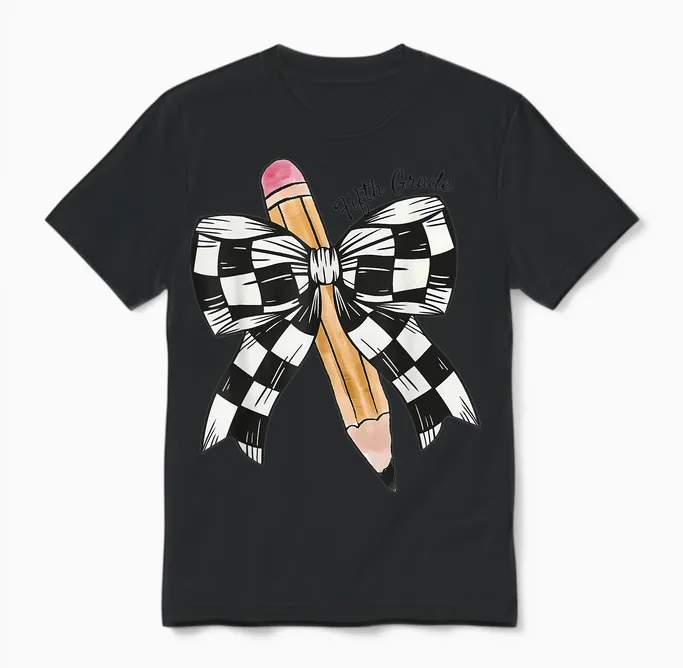Back to School Hello Fifth Grade Teacher Coquette Pencil Bow Unisex T-Shirt in Black