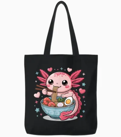 Axolotl Eats Ramen Noodles Super Cute Motif Axolotl Tote Bags - Black