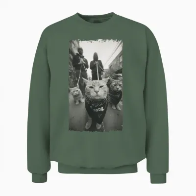 Gangster Cats Streetwear Cool Funny Cat Pattern Unisex Sweatshirt - Military Green