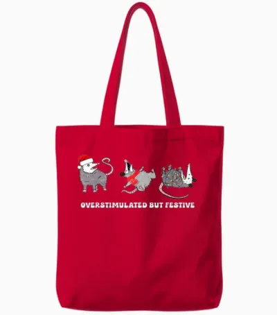 Funny Santa Opossums Overstimulated but Festive Xmas Lights Tote Bags - Red
