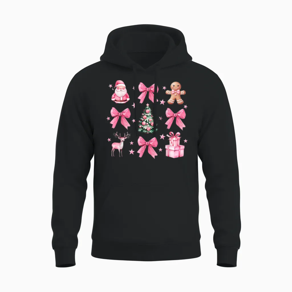 Cute Coquette Bow Pink Christmas Tree Santa Gingerbread Xmas Unisex Hoodie in Black