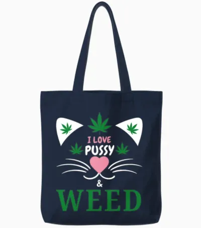 I Love Pussy and Weed Funny Cat Lovers and Pot Tote Bags - Navy