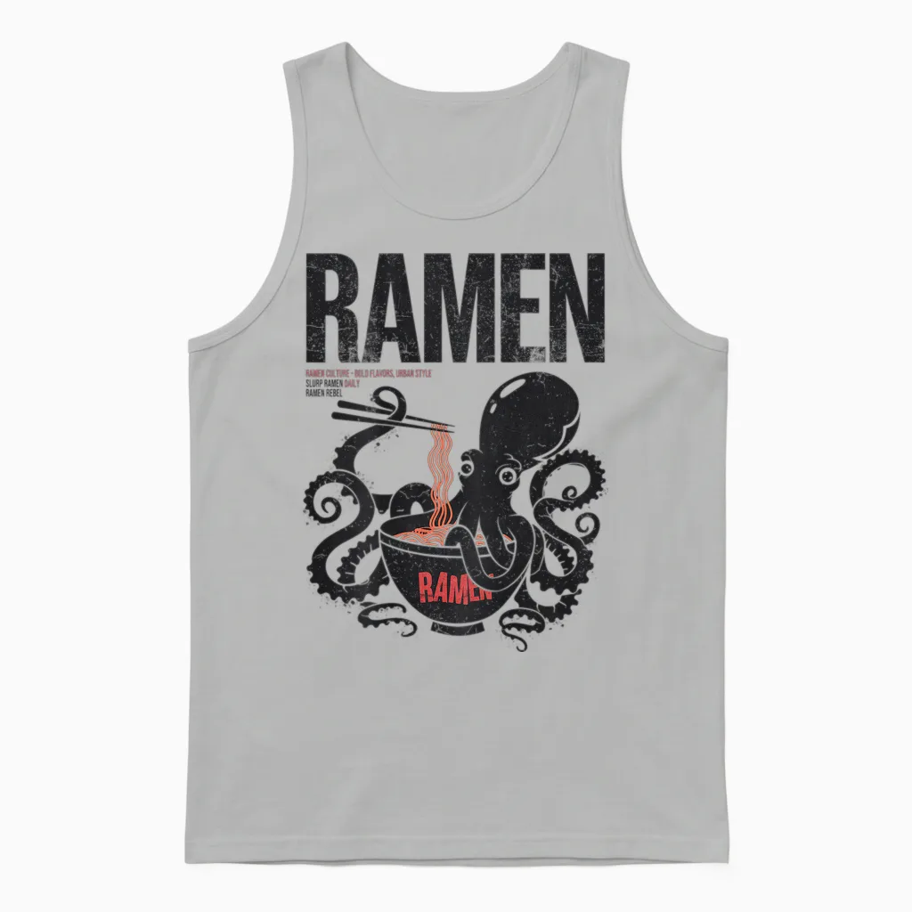 Ramen Anime Manga Kawaii Otaku Fashion Backprint Streetwear T-Shirt, Gray Unisex Tank Top in Ash