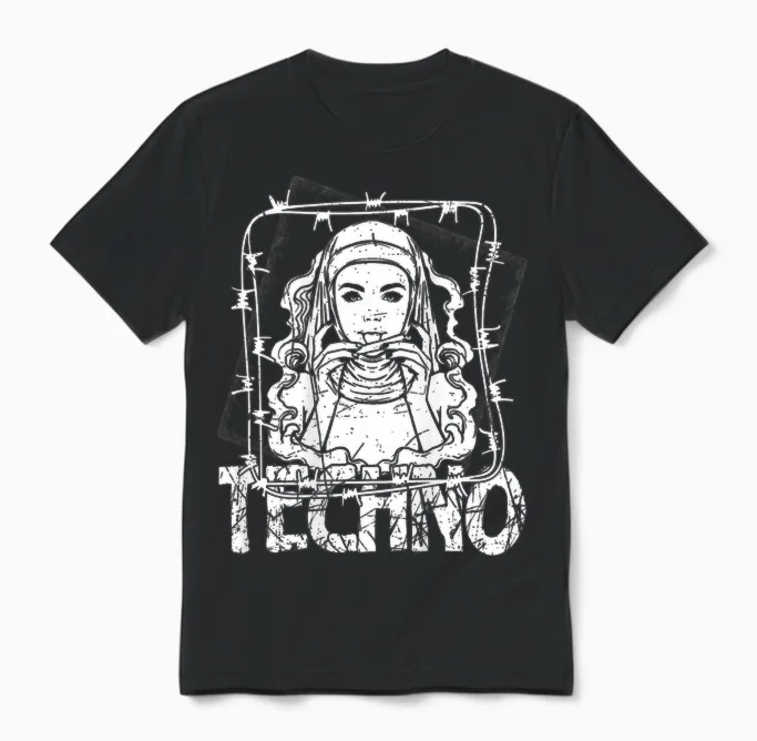 Backprint Techno Merch Rave Kleidung 200 Bpm Techno Nonne Unisex T-Shirt in Black