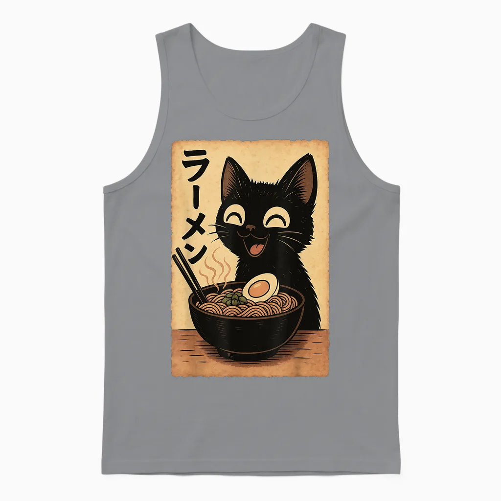Cat Ramen - Japan Anime T-Shirt, Black, S Unisex Tank Top in Sport Grey