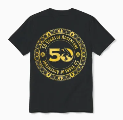 Dungeons & Dragons 50 Years of Adventure Gold Badge T-Shirt, Black, S Unisex T-Shirt - Black