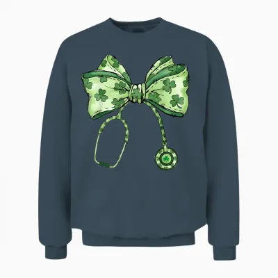 Saint Patrick's Day Nurse Shamrock Bow Stethoscope Women Unisex Sweatshirt - Dark Heather