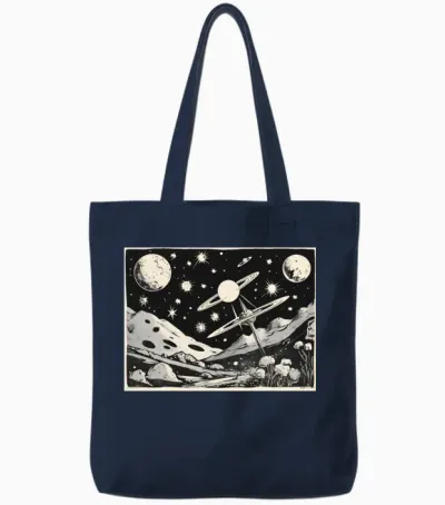 Retro Planets, Stars and Galaxies Tote Bags - Navy