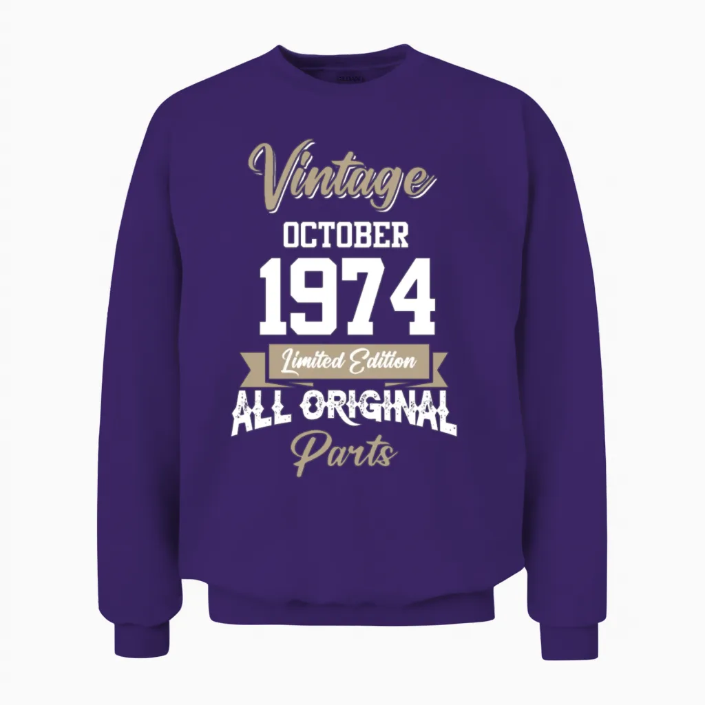 October 1974 Vintage Birthday Present Unisex Sweatshirt in Purple
