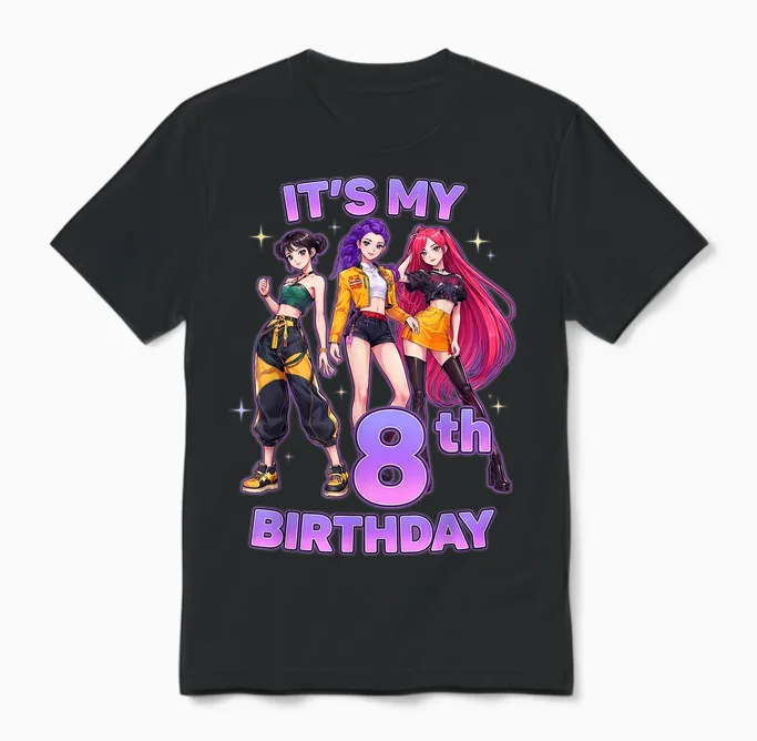 8 Years Birthday K-Pop Kids 8th Birthday Girl K-Pop Unisex T-Shirt in Black