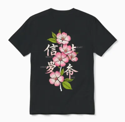 Japanese Flowers Printed Back Print Aesthetic Unisex T-Shirt - Black
