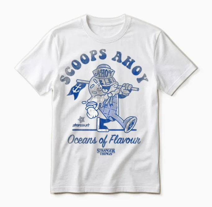 Stranger Things Scoops Ahoy Retro T-Shirt, White, S Unisex T-Shirt in White