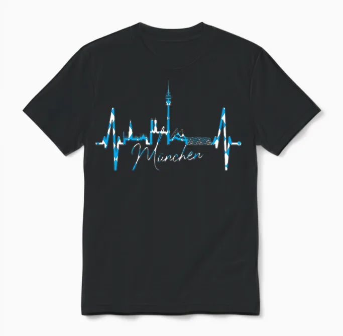 T-Shirt with German Text "münchen I Love Munich" Skyline Heartbeat, Black Unisex T-Shirt in Black